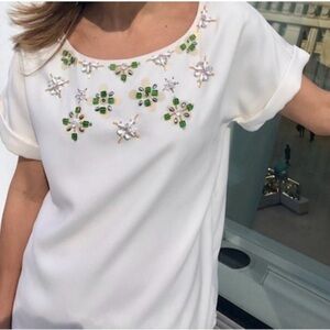 Banana Republic Embellished White Top with Green Appliqués